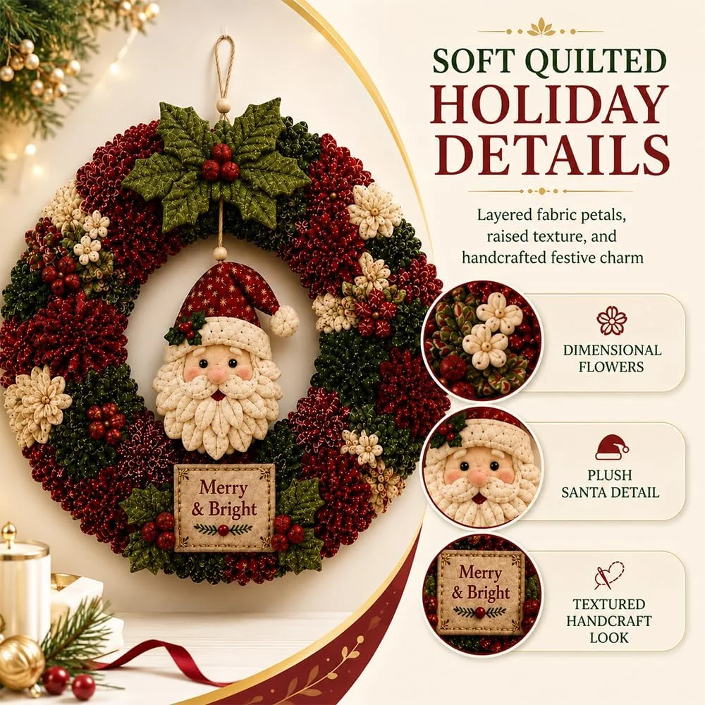 3D Fabric Poke Wreath DIY Kit Christmas Wreath Making Craft Kit Santa 2026 Christmas Atmosphere Decor For Adults Front Porch