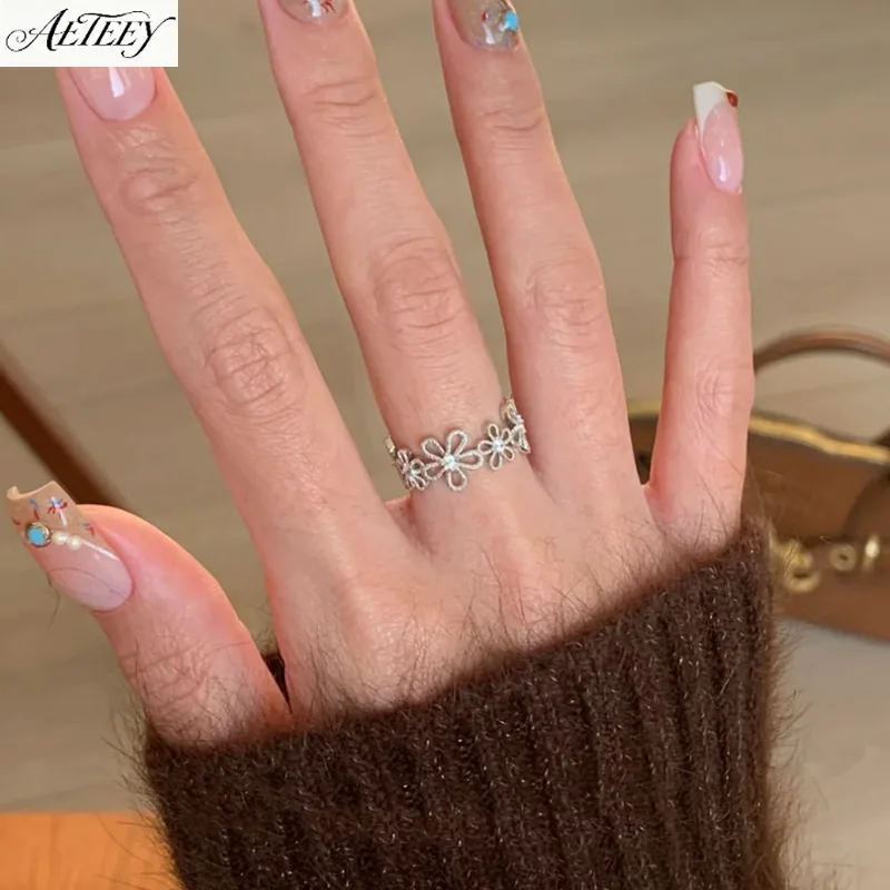 AETEEY S925 Silver Brushed Craft Leaf Zircon Ring Romantic Exquisite Women Finger Jewelry