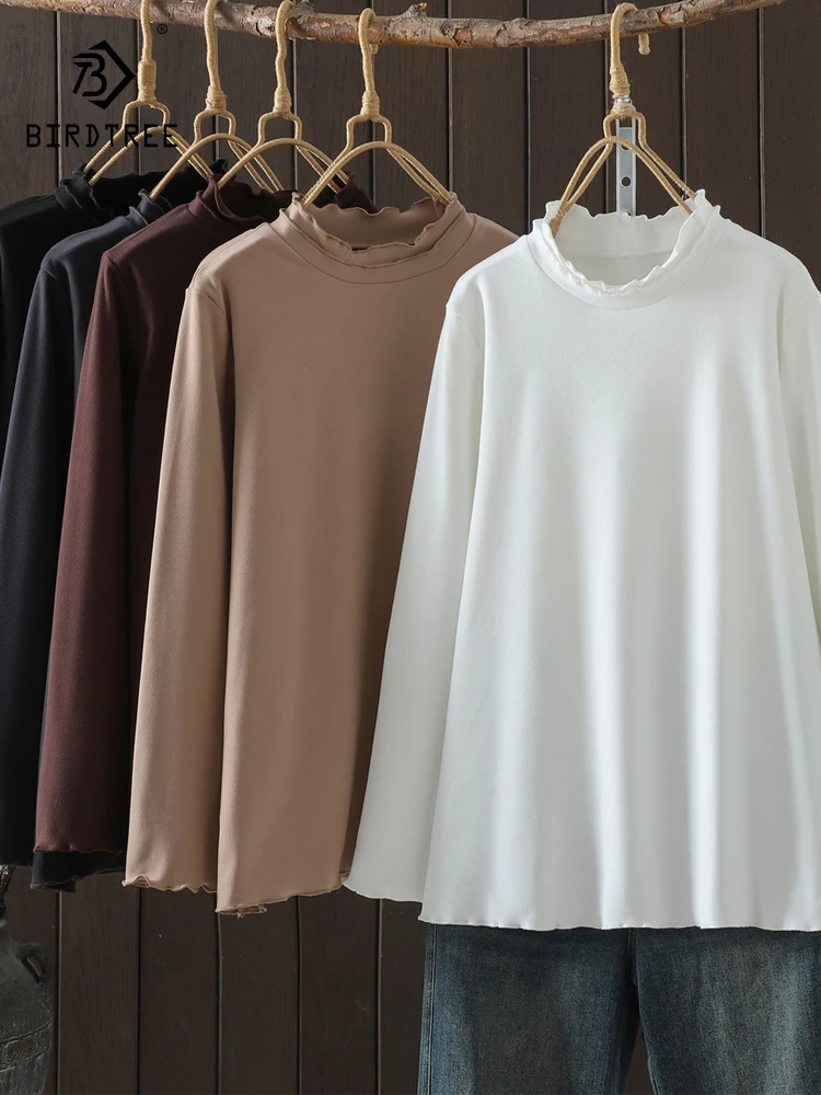 

New 2025 Fall Cotton Long Sleeve Brushed T-Shirt, Women Mock Neck Ruffles, Mori Girl Basic Versatile Commute Warm Tee T5O0111CC