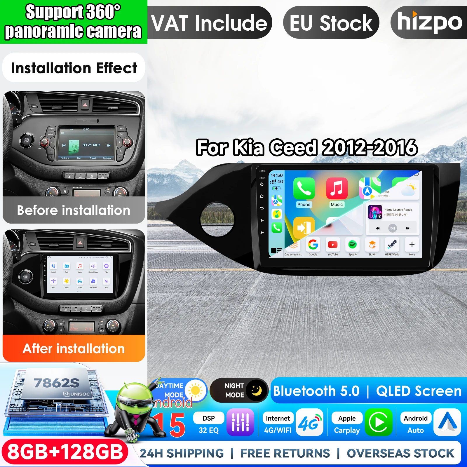 Android 16 pour Kia CEED Kia-Cee'D 2012 - 2018 Carplay Auto Multimédia Autoradio Navigation Lecteur WIFI+4G DSP Systèmes Intelligents Écran Tactile IPS Lecteur Vidéo Stéréo 2 Din Autoradio Unité Principale Navigation BT GPS 4G WIFI FM AM DSP RDS SWC Automobile