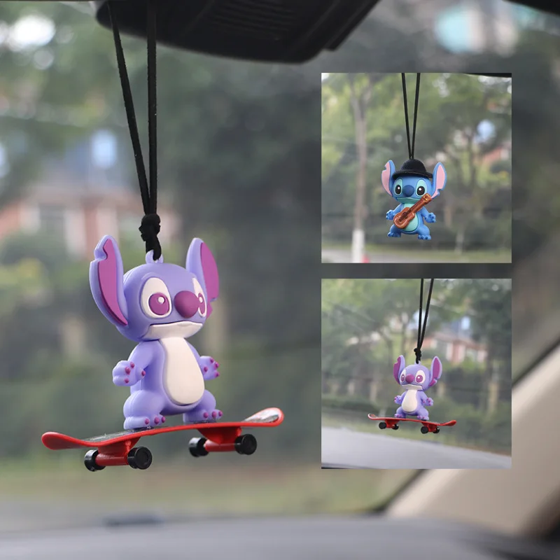 Figura de acción de Anime Disney Stitch, colgante creativo para coche, modelo de acción, accesorios de decoración para espejo retrovisor, cordón de cuero, regalos