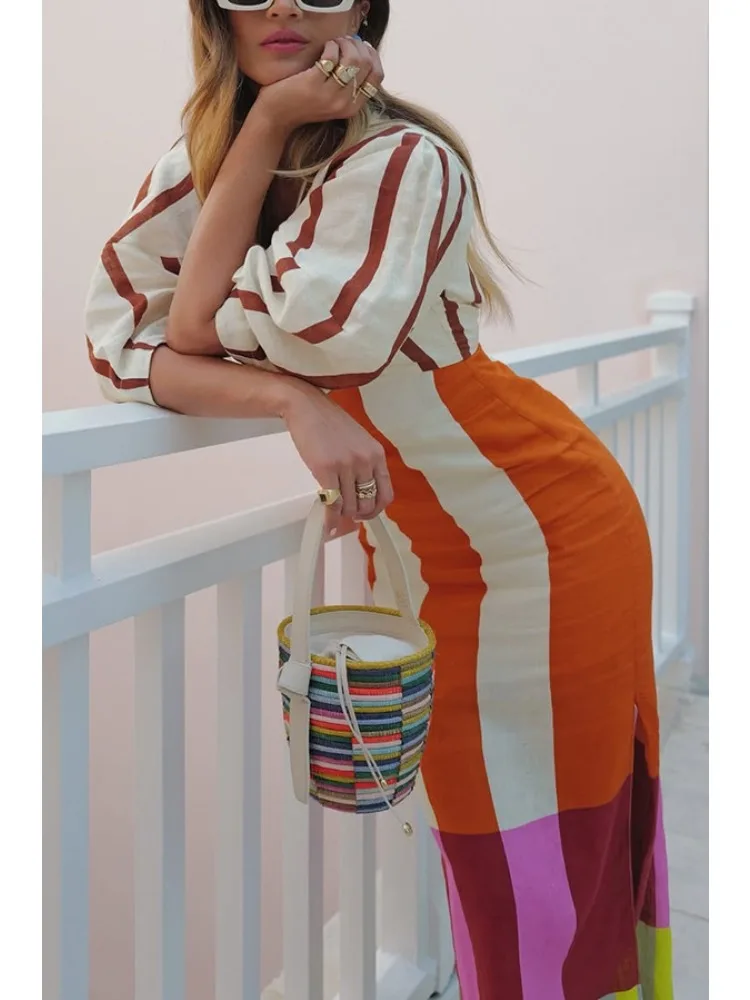 Women Fashion Linen Material  Fashion Chic Print Long Party Dresses Sexy V-neck Hollow Out High Waist Party Dress Lady Robes