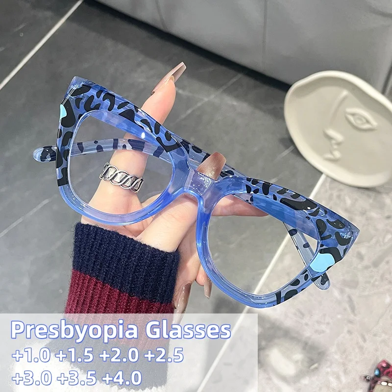

New Fashion Color Blocked Leopard Pattern Cat Eye Presbyopia Glasses Candy Colored High-definition Anti Blue Light Glasses
