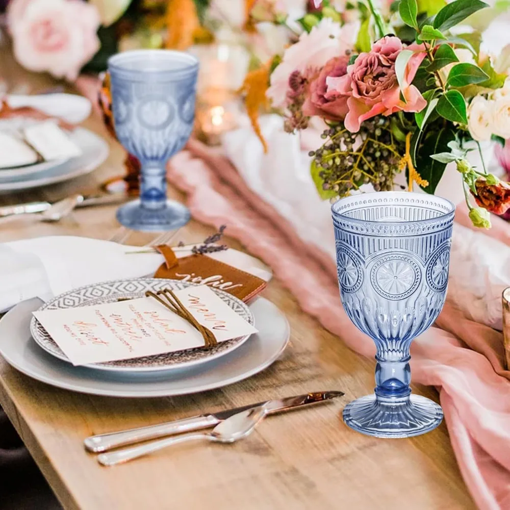 كؤوس نبيذ بلاستيكية قابلة لإعادة الاستخدام سعة 12 أونصة على الطراز العتيق مع نمط فريد منقوش على شكل زهرة - ستيمواري غير قابل للكسر للمياه الملونة G