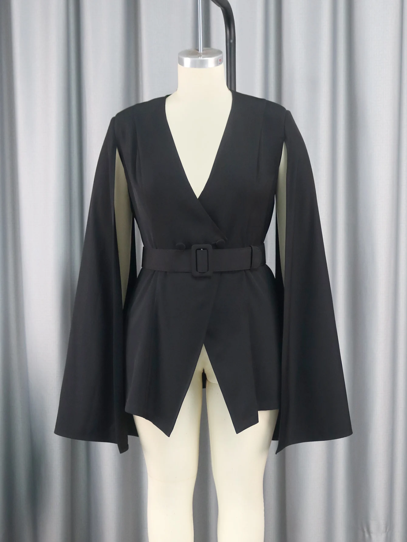 Black Blazers for Women V Neck Cloak Sleeve Slim Fit High Street Birthday Evening Party Jackets with Shoulder Pad Waist Belt