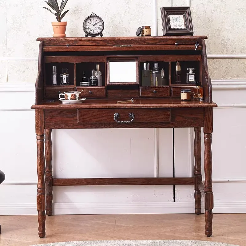 Vintage clamshell solid wood oak piano dresser, mini dresser with integrated mirror
