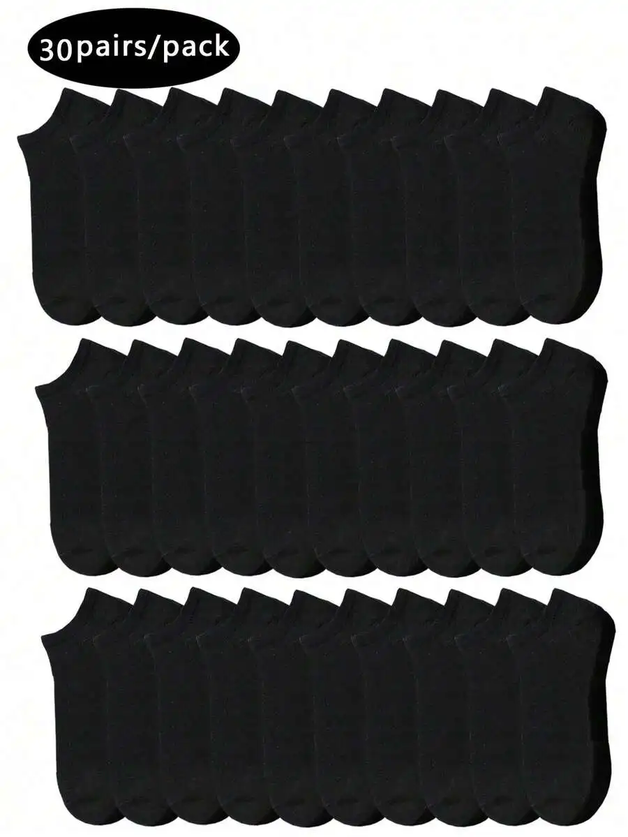 

30 Pairs Mens Solid Black Breathable Ankle Socks Casual Short Socks