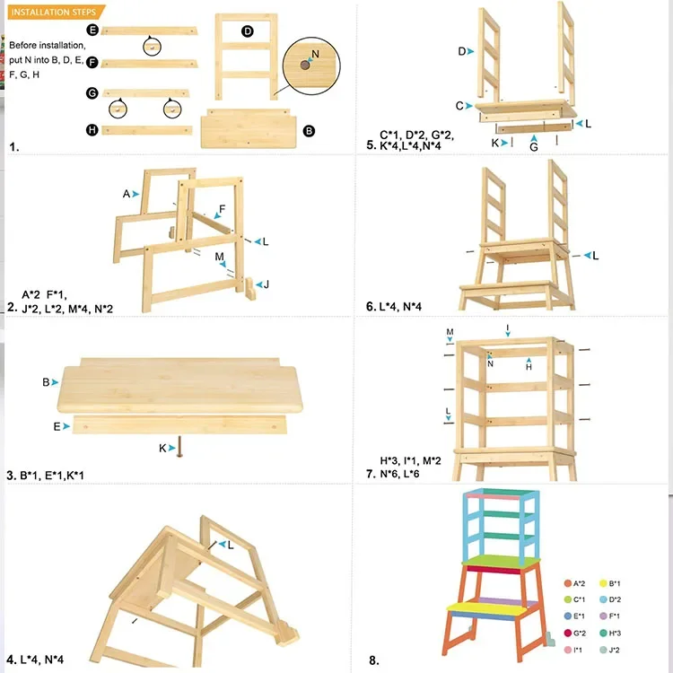 Torre de aprendizado de bambu para crianças, Banqueta de cozinha, Mobília da sala, Otomano em casa, Cadeira natural do bebê