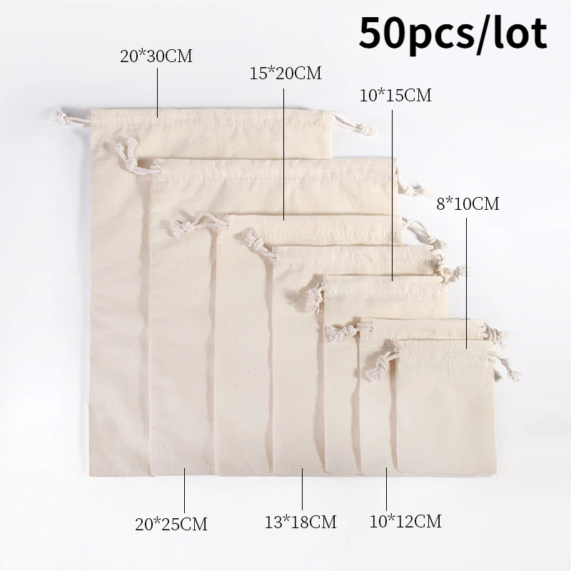 50 Stück/Lot weiche Baumwoll-Aufbewahrungsbeutel mit Kordelzug, Weihnachts- und Hochzeitsgeschenk, DIY, schlichter Beutel, wiederverwendbar, für Zuhause, zum Organisieren, Staubbeutel, 8 x 10–20 x 30