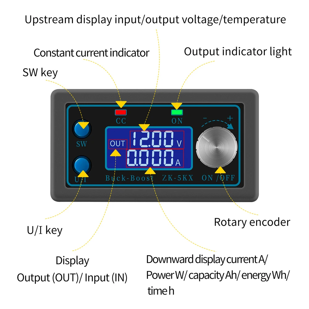 ZK-5KX moduł zasilania 5A Max regulowany zasilacz regulowany 0.6-36V 80W wyświetlacz LCD do kontroli temperatury wentylatora