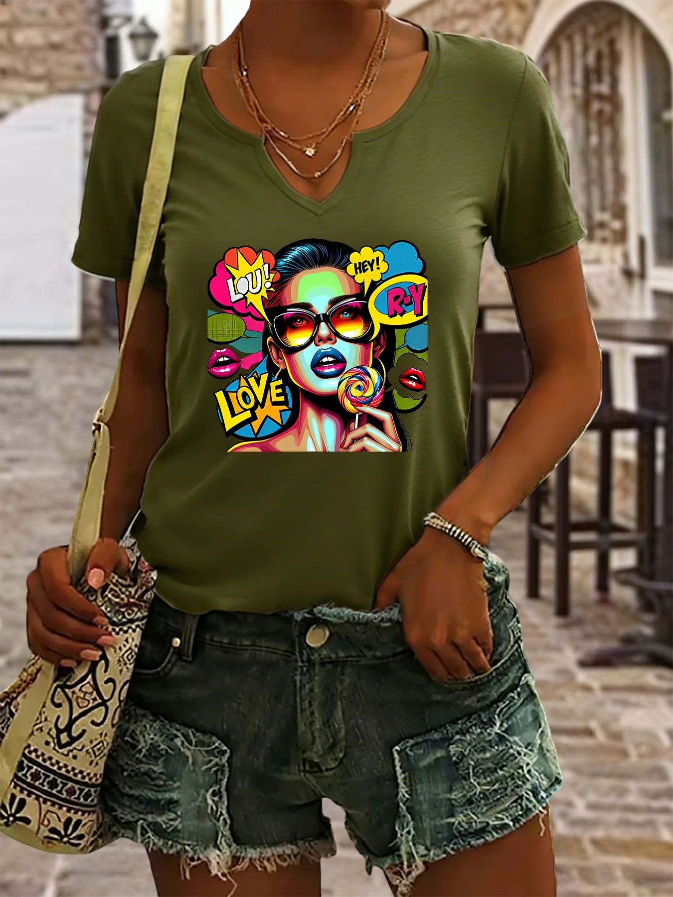 Women's Summer V-Neck Short Sleeve T-Shirt, Pop Art Girl with Lollipop & Comic Speech Bubbles Print, Vibrant Casual Fashion Top