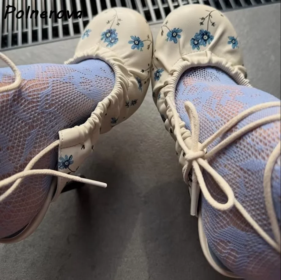 Cream Floral Print Ruched Pumps Round Thin Heels with Lace-Up Ankle Straps Shoes Elegant Slingback Women Summer Ballet Shoes