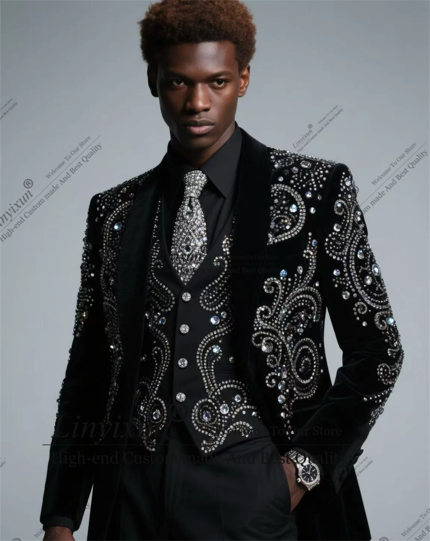 

Luxurious design Men Suits Sparkly Gem Rhinestones Wedding Tuxedos Customized Shawl Lapel Ropa hombre 3Pieces Groom Male Blazers