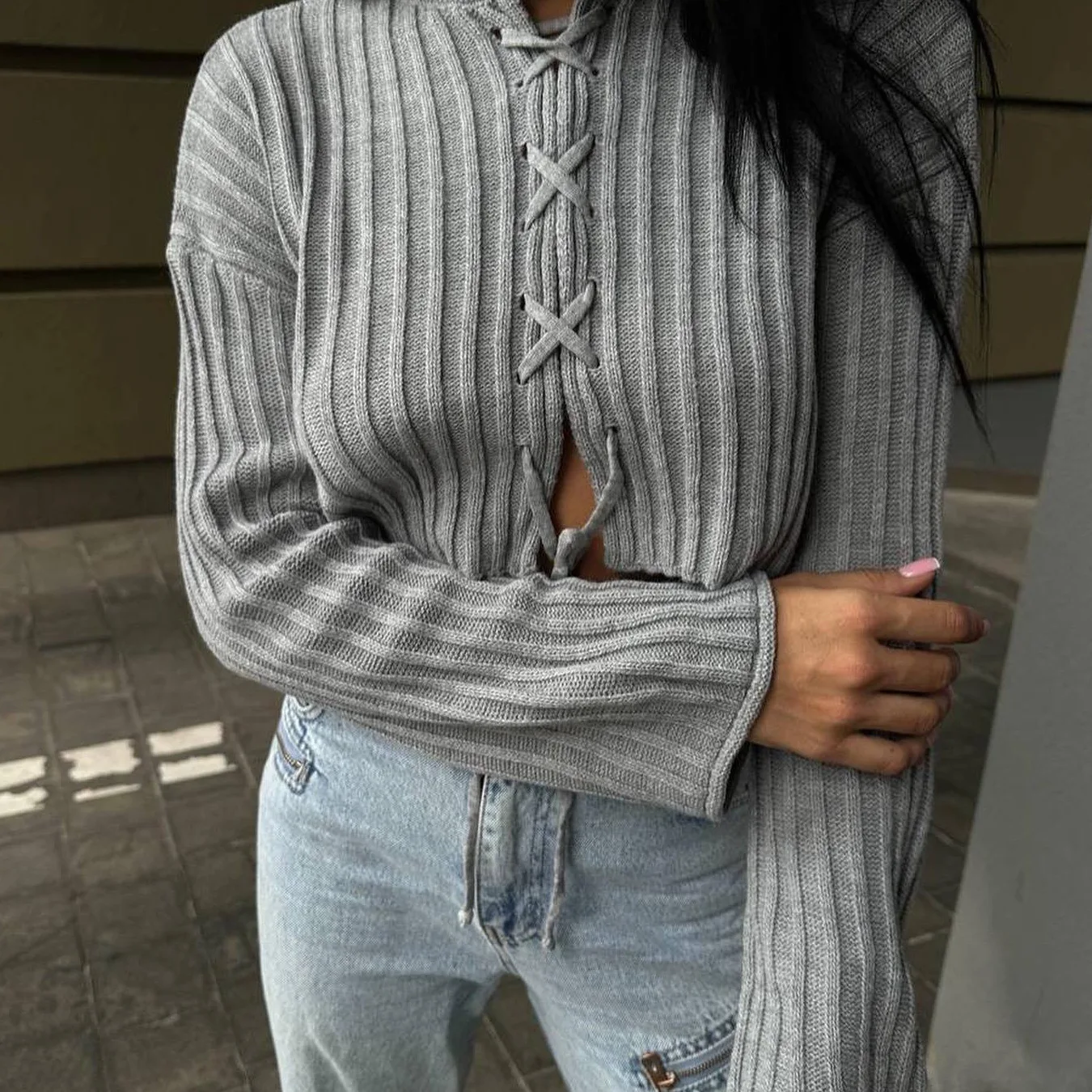 Весенне-осенний новый женский свитер с длинными рукавами на бретелях, кардиган, короткий нишевый топ для ленивого и свободного дизайна