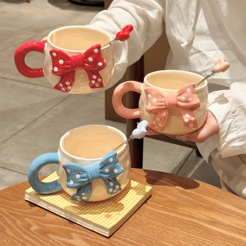 Creative Hand-pinned Bow Ceramic Mug, Girls’ Desktop High-value Decorative Water Cup, Couple’s Holiday Gift Water Cup