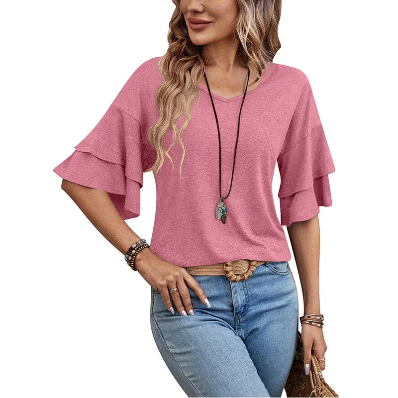 New Summer Women's Casual Short-sleeved T-shirt Fashion Solid Color V-neck Trumpet Sleeve Casual Loose Comfortable Top S-2XL