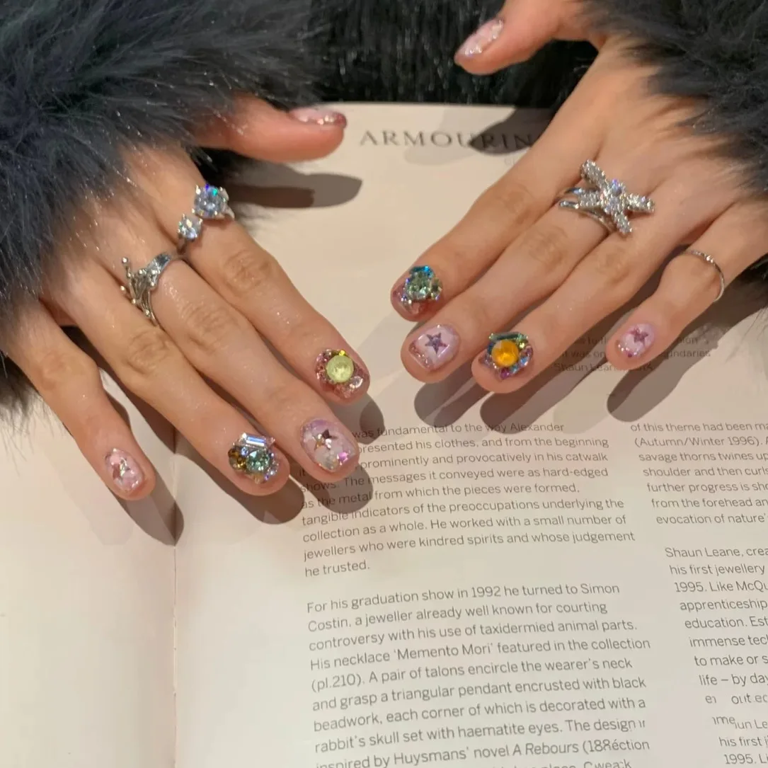 New Handmade Wearable Nail Art Strips Starry Sky Brilliant Colorful Diamond Nail Tips for Women