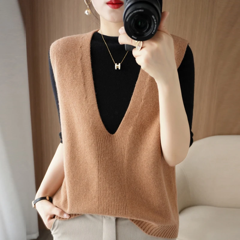 Spring And Summer Cashmere Knitted Vest Women's V-Neck Sleeveless Pullover Fashion Loose And Thin Solid Color Outer Wear GH2219