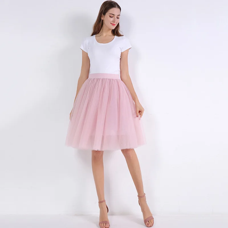 

5 Layers 60cm Princess Midi Tulle Skirt Pleated Dance Tutu Skirts Womens Lolita Petticoat Jupe Saia faldas Denim Party Skirts