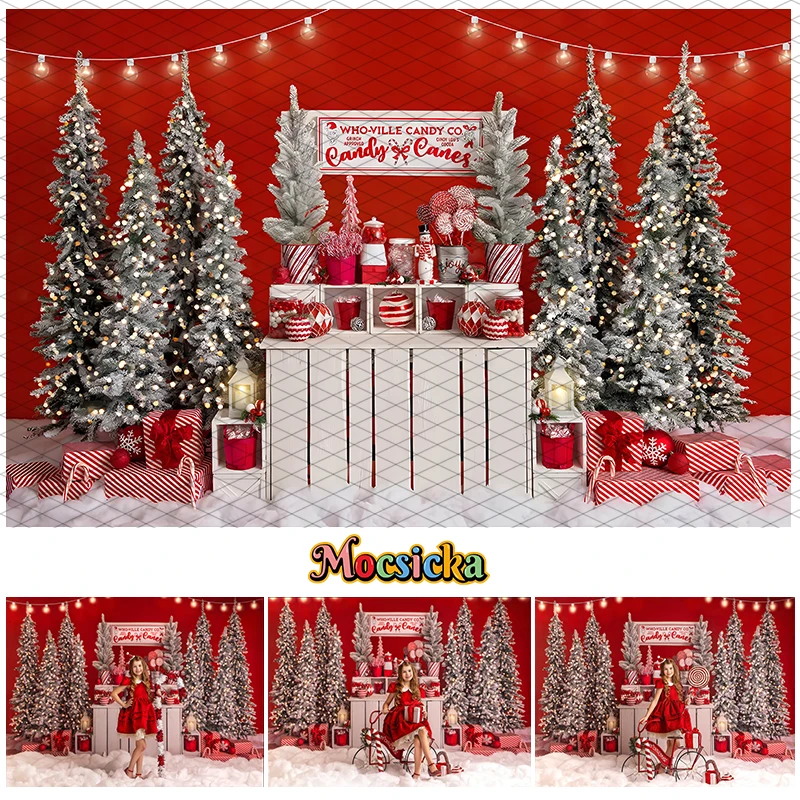 

Mocsicka Xmas Candy Shop Backdrop For Children Portrait Holiday Party Photography Red Wall Christmas Tree Decor Supplies Props