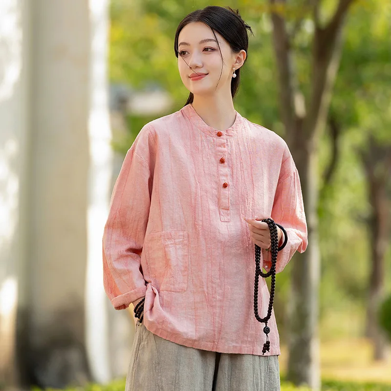 

Autumn New Sle Women's Cotton Linen irt Vintage Collar Dyed Long Sve T-irt Loose Fit Faion Ladies' Premium irt