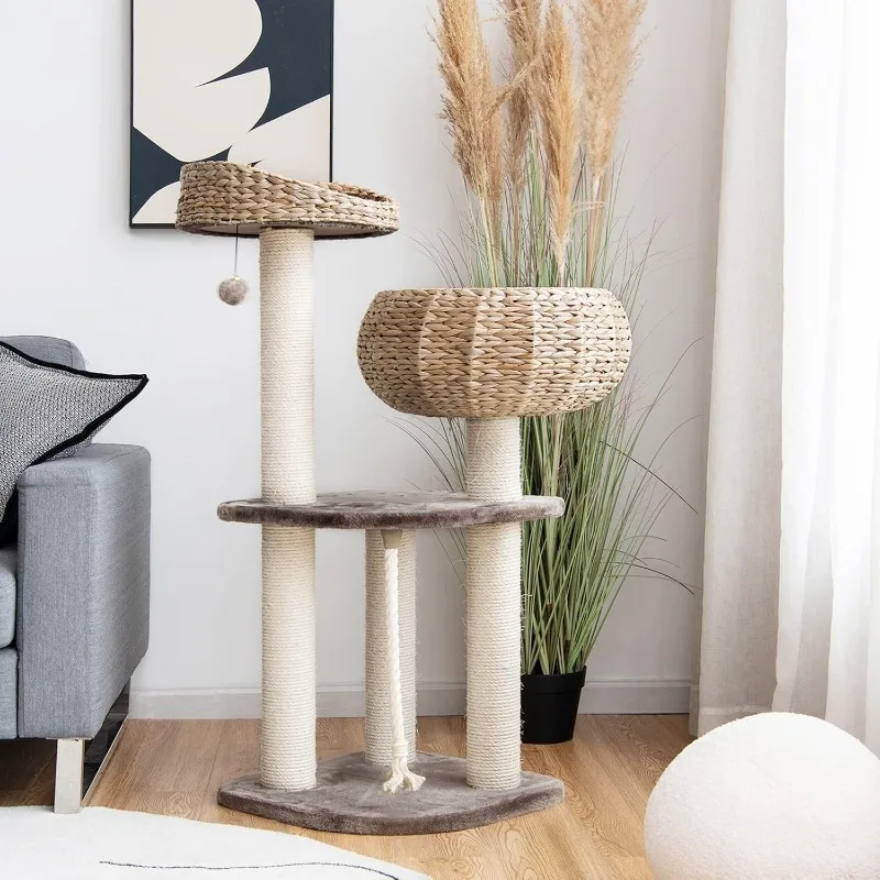 Cat Tree for Indoor Cats, Small Cat Tree with Natural Sisal Scratching Post, Hand-Made Wicker Cat Condo & Top Perch