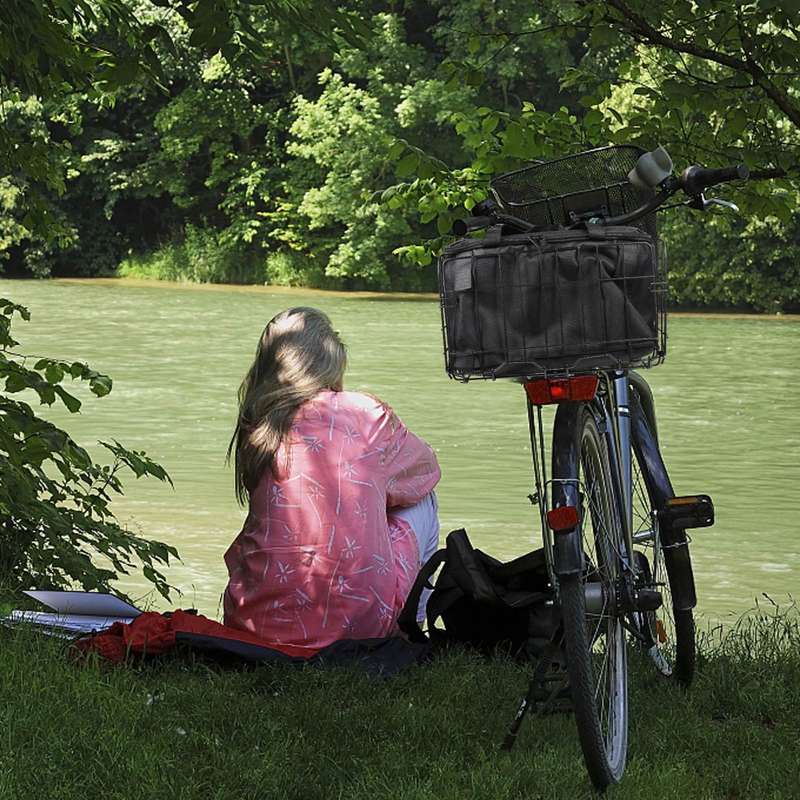 

2pcs Bike Basket For Mountain Folding Cruiser Road Bikes Durable Iron Frame Detachable Large Canvas Bag Front Hanging Basket
