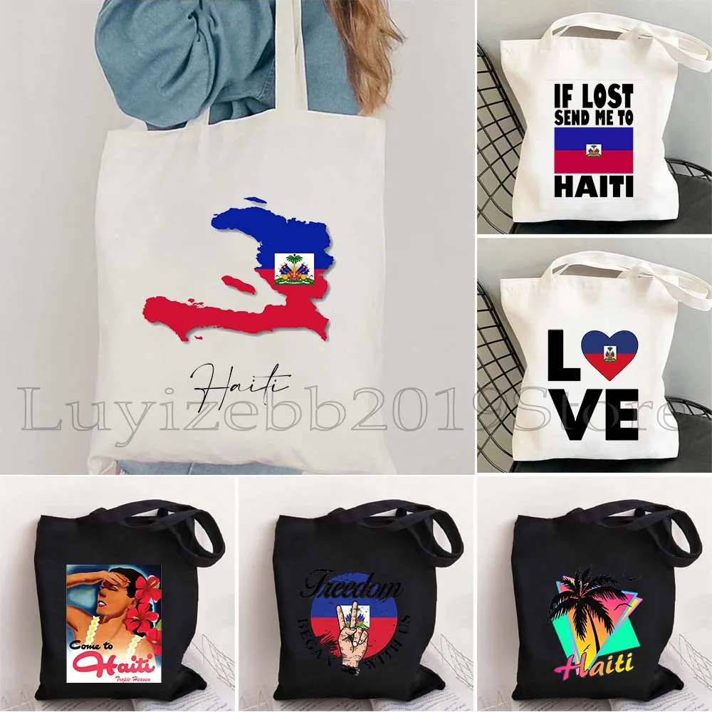 

Arms of Haiti Country Map Flag Heritage Month Haitian Girl Gifts Heart Sunset Shopper Harajuku Canvas Tote Bag Shopping Handbag