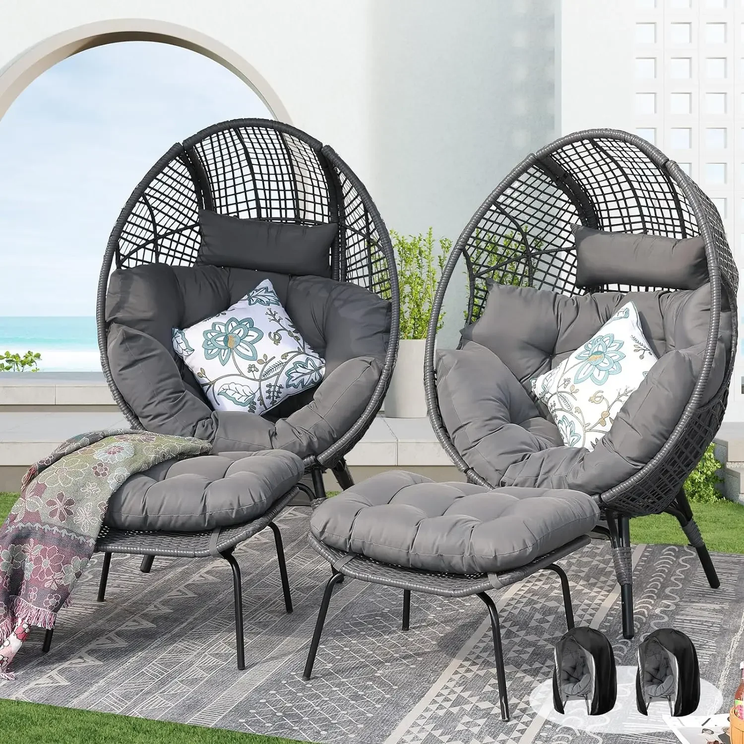 

4pcs with Cover,Wicker Stationary Indoor Outdoor Egg Basket Lounge Chair Large Size Egg Seat with Legs Egg Nest Chair