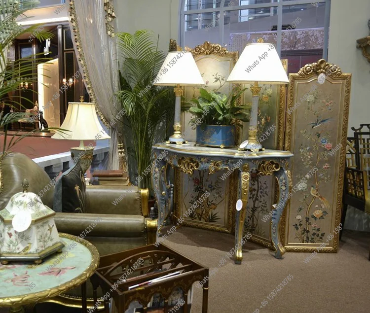 European luxury hand-painted solid wood heavy industry engraving gold painting green blue purple curved edge Xuanguan platform
