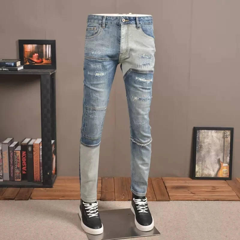 Jean déchiré bleu clair pour hommes, Streetwear d'automne, Patchwork, coupe Slim, pantalon crayon, mode décontracté, Denim, CP2021