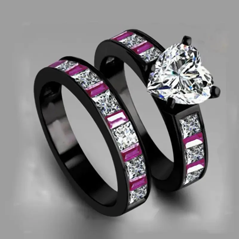 Huitan Punk Black 2Pcs Set Rings Women White/Rose Red Cubic Zirconia Luxury Accessories Y2K Girls Love Rings Personality Jewelry