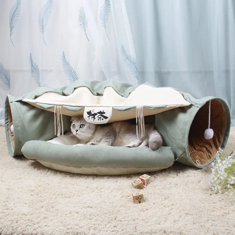 All In One Cat Tunnel Bed House 2026 New Collapsible Pet Hideout With Soft Cushion One Set For All Cat Supplies
