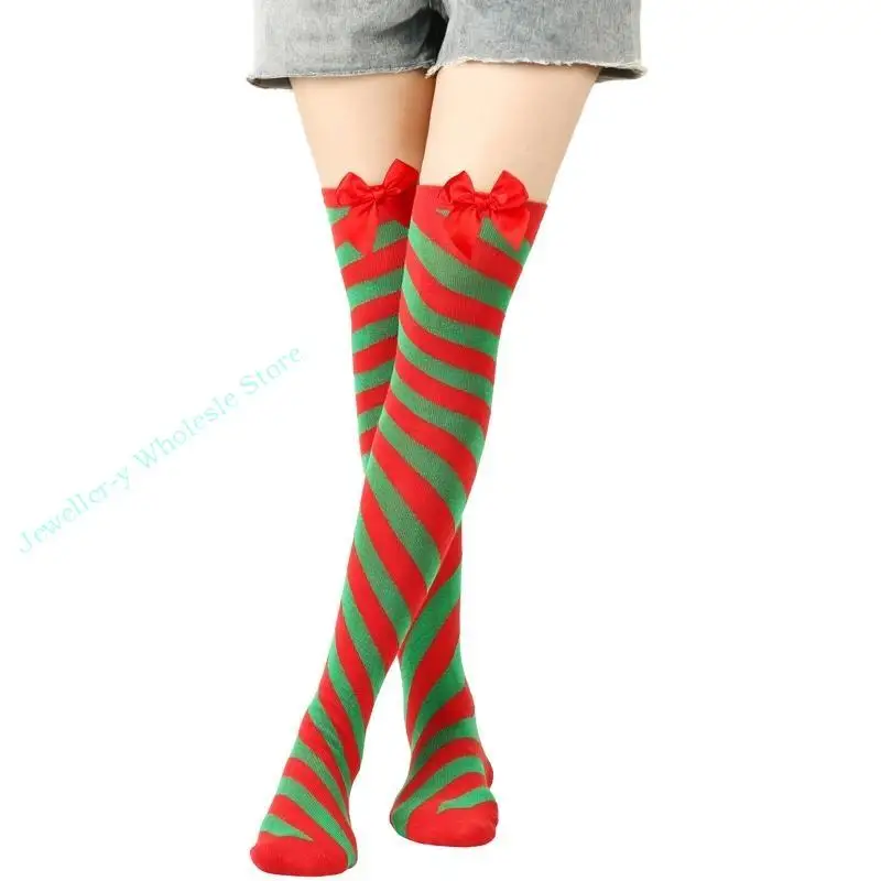 

R7UF Striped Stocking Over The Knee Long Socks Bowknot Stocking Elastic