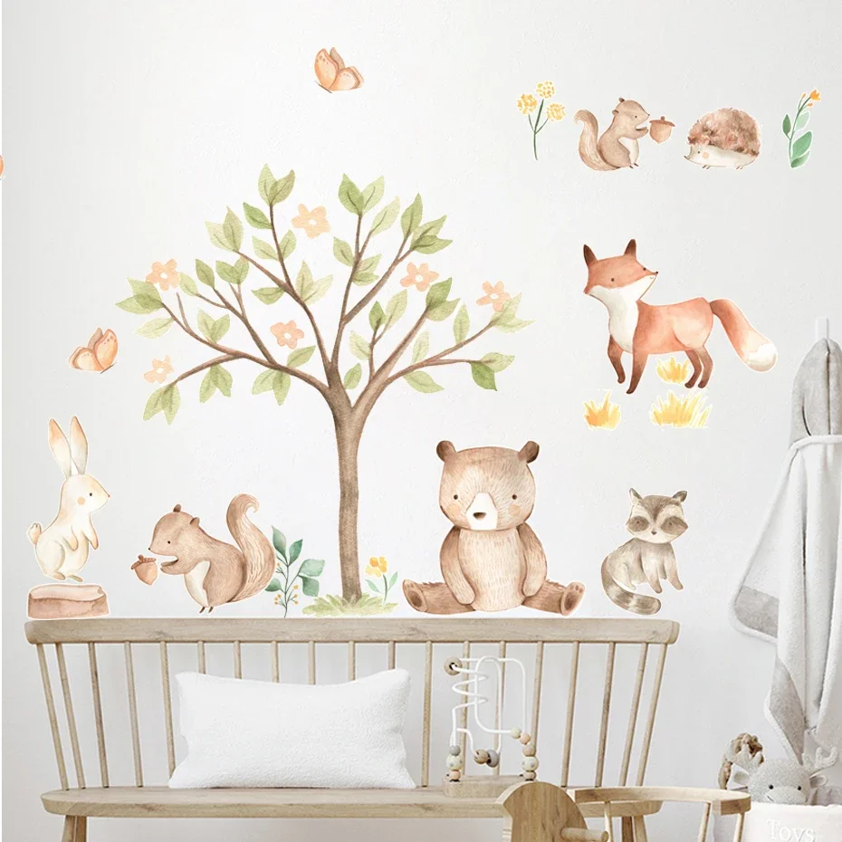 Watercolor Cartoon Animal Illustration Nursery Sticker Removable Wall Decals Art Print Kids Boys Room Interior Home Decor
