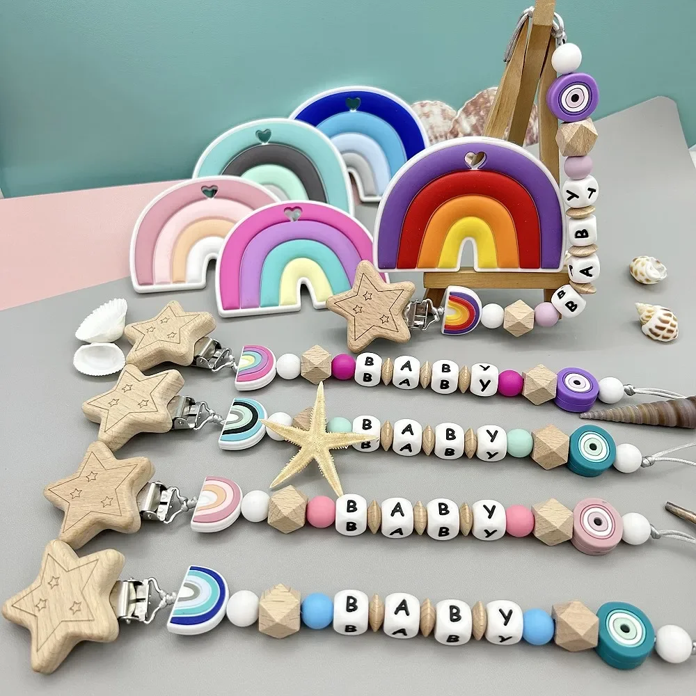 JoTeWindsor-Clips de sucette arc-en-ciel personnalisés pour bébé, nom de lettre, laisse à mâcher pour bébé, supports en os, cadeaux créatifs