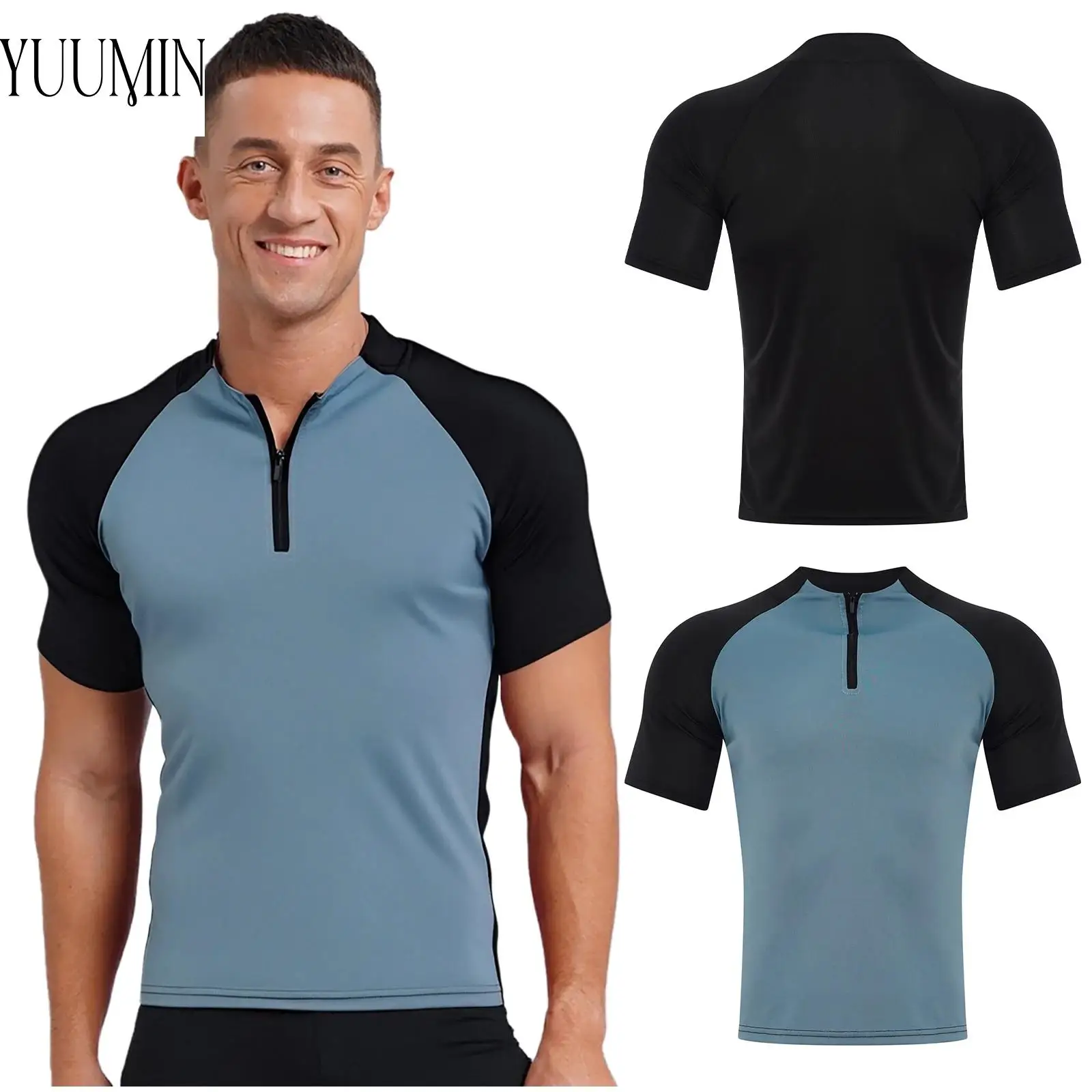 

Men's Sports Top Fashion Color Block Athletic Top Zipper Crew Neck Short Sleeve Quick-Drying Breathable Workout Casual T-shirt