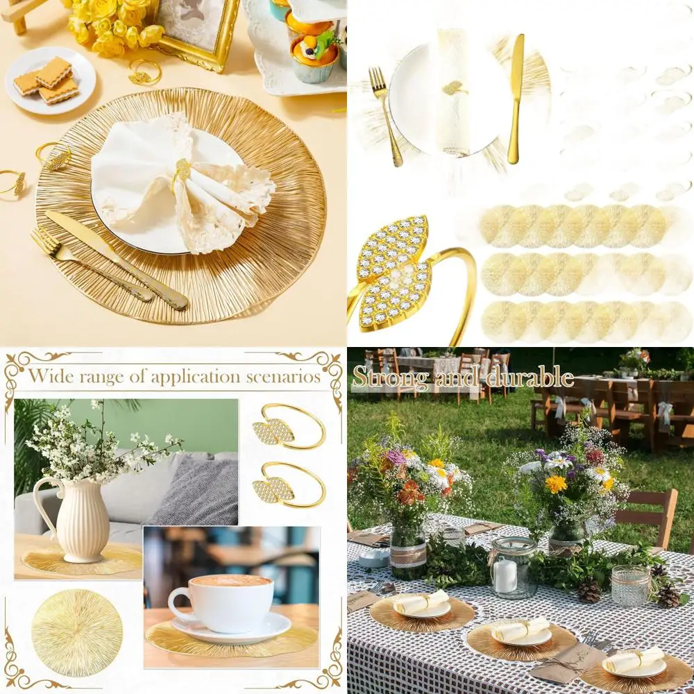 

15 Gold Sequin Round Placemats & Napkin Rings Set, 100-Piece Bulk, Metallic Leaf Table Decor for Weddings & Dining