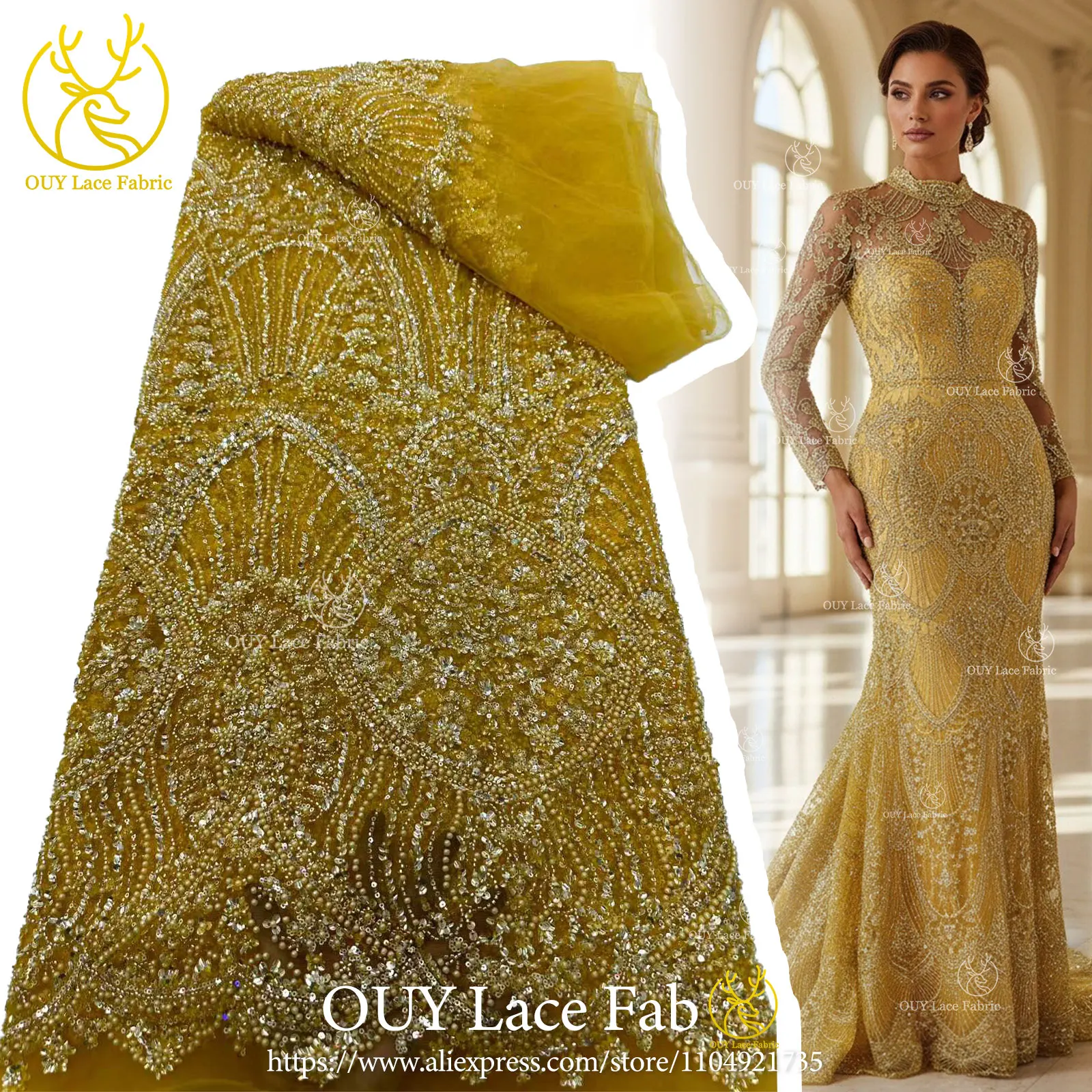 

Luxury African Hand-Beaded Tulle Lace Fabric 2026 Premium Nigerian Sequined Lace Fabric Suitable for Party Gown Sewing Material