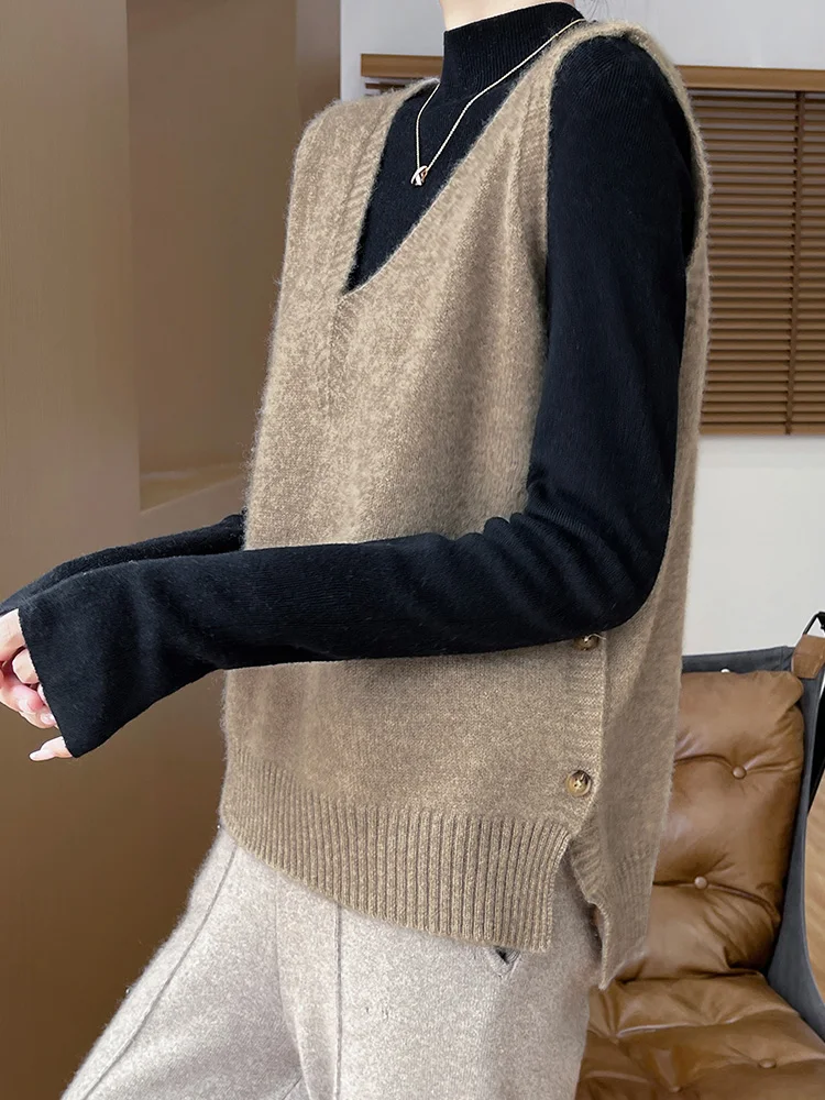 

Women’s V-neck Wool Waistcoat Buttons Sweater Pullover 100% Merino Wool Knitwear Autumn Winter Cashmere Sleeveless Vests Fashion