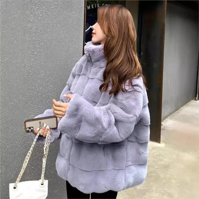 New stand-up collar zipper women's square plush top mixed fur coat