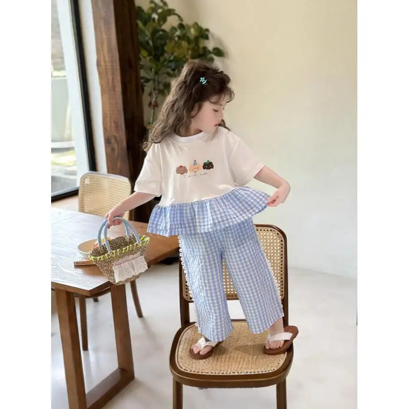 Girls' Set, Fashionable Baby Girl, Summer Fashion, Children's Shoulder Strap, Plaid Two-Piece Vest Set