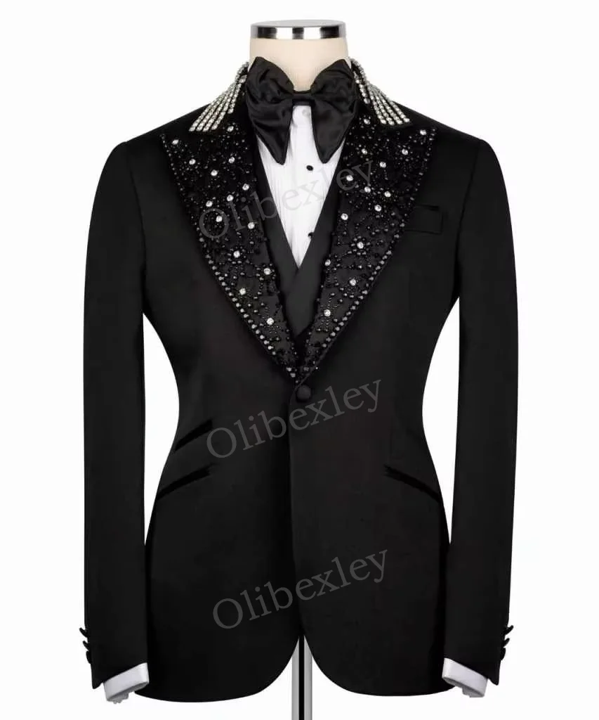 Olibexley Men's Suits 2 Pieces High Quality Beaded Crystals One Button Slim Fit Suits Wedding Groom Business Dinner Party