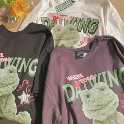 Women T-shirt Green Plush Frog Print Summer Men's Women's Short-sleeved Oversized T-shirts Harajuku Gothic Y2k T Shirt