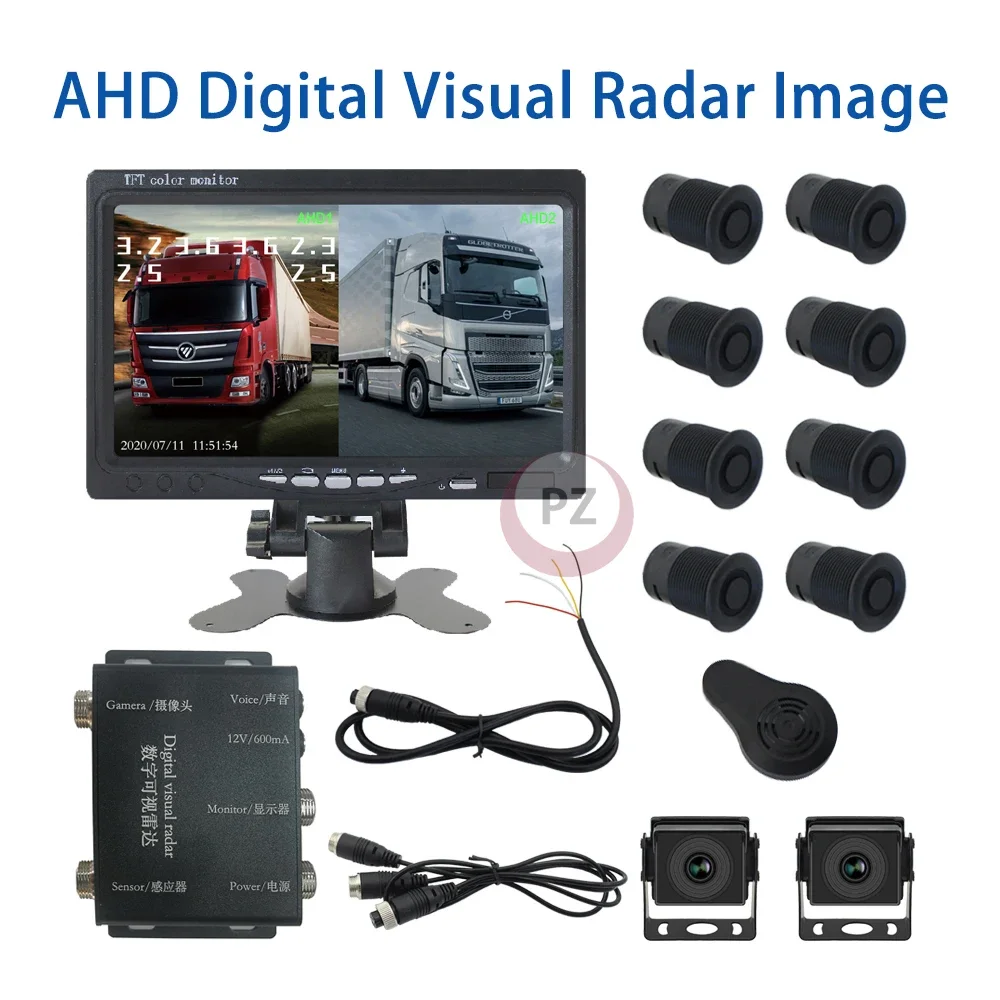 Parking Assistant 7 Inch Monitor With 2 Cameras Front/Rear View Alarm 8 Sensors Reversing Warning Parking System Kit for Truck