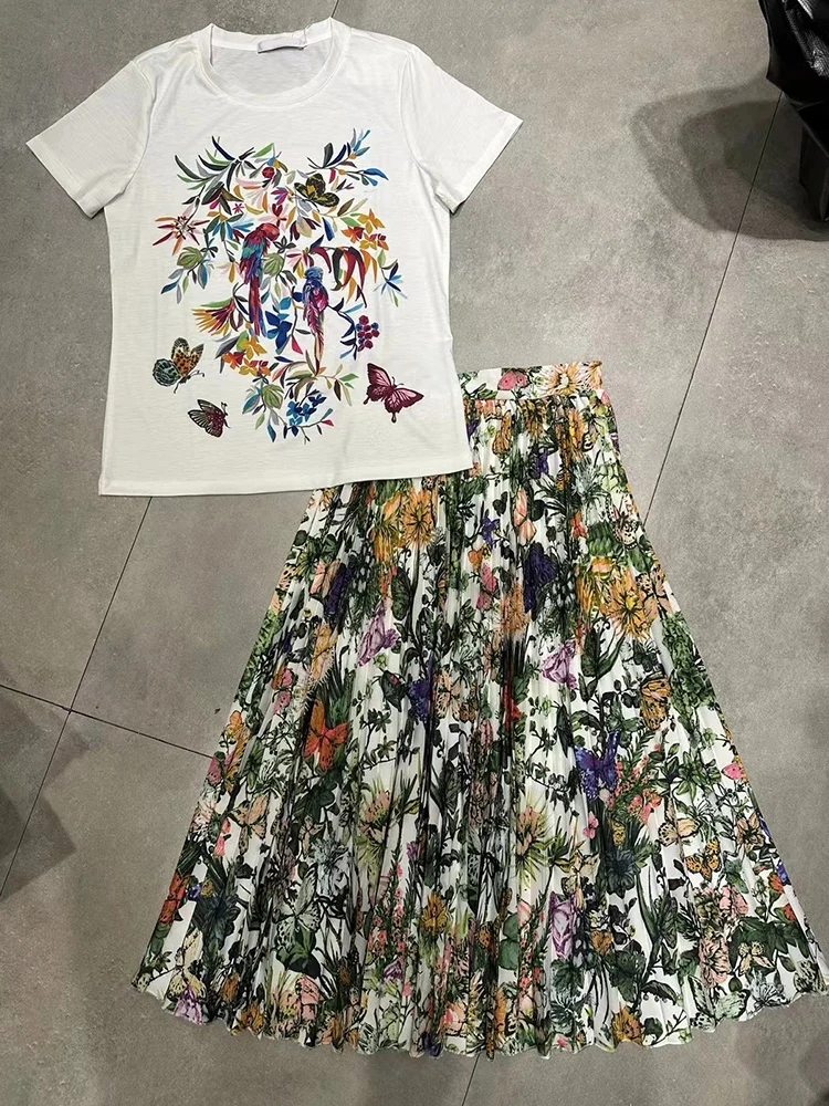 Vintage printed round neck short sleeve T two-piece set 2024 summer women\'s new + elastic waist loose pleated skirt fashion set