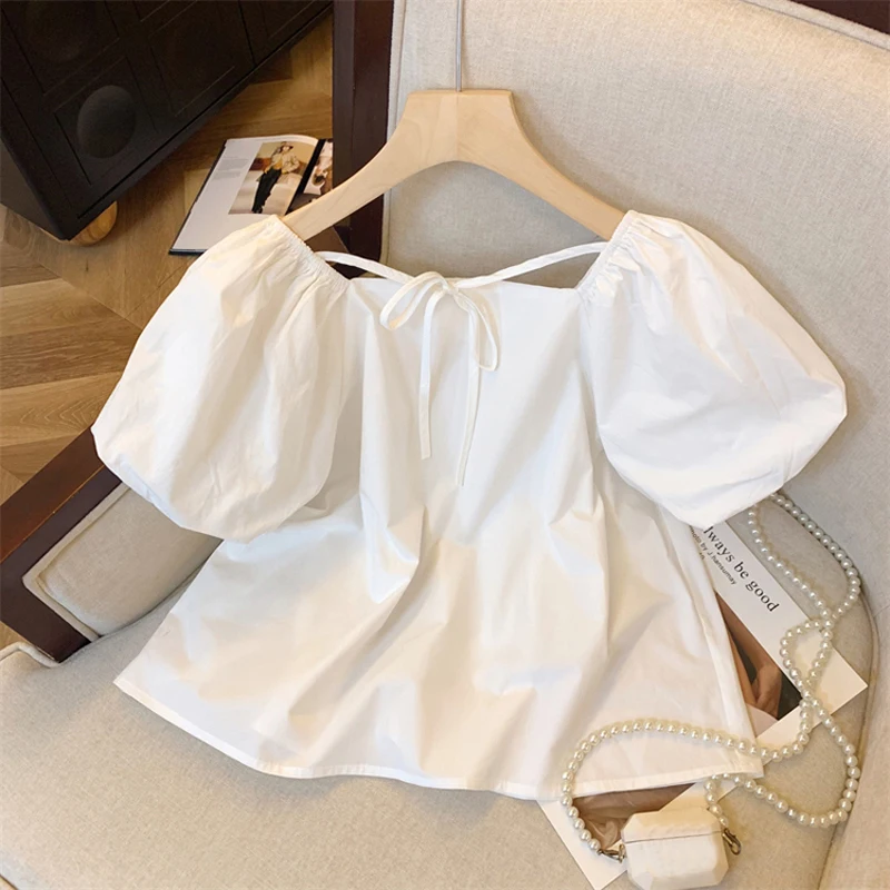 Elegant Square Neck Summer White Blouse Women Fashion New Puff Short Sleeve Loose Doll Shirt Ladies Kawaii Pleated Short Tops