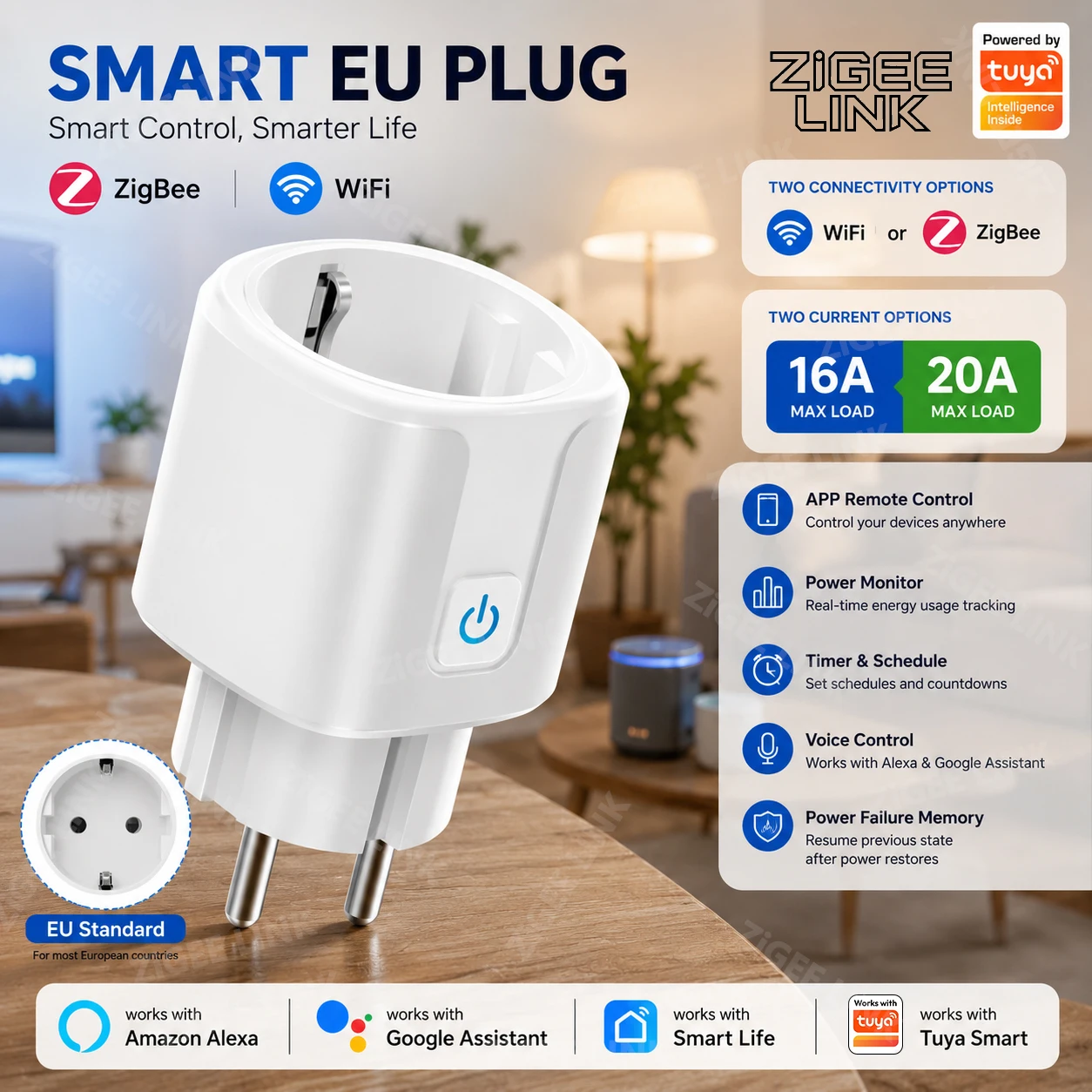 Prise intelligente WiFi Zigbee3.0, norme européenne, statistiques de consommation d'énergie en temps réel, minuterie, application, commande vocale à distance, fonctionne avec Alexa Google