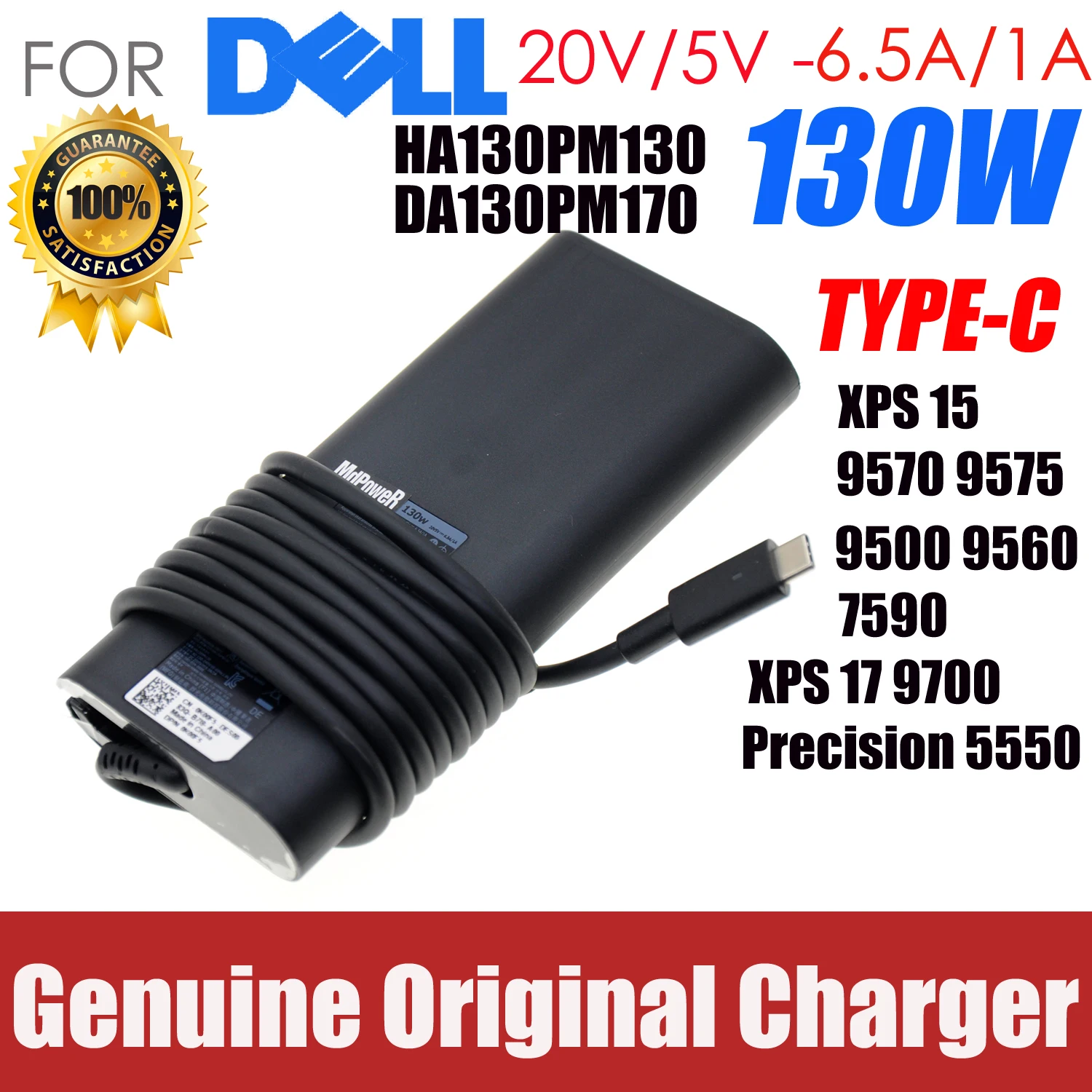 

Original 130W Type C 20V 6.5A laptop charger for Dell XPS 15 9570 9575 DA130PM170 HA130PM170 M0H25 0M0H25 0K00F5 Power Supply