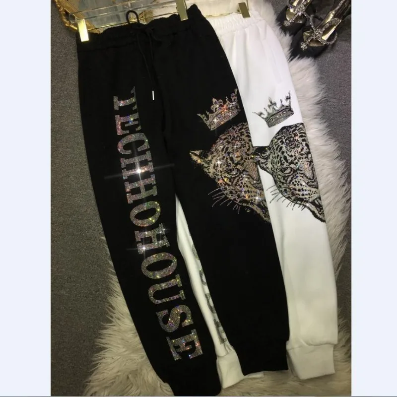 

Queen Wei Pants Aggressive Leopard Printed Hot Drilling Sports Pants Casual Long Pants Spring and Autumn Y2K Pants